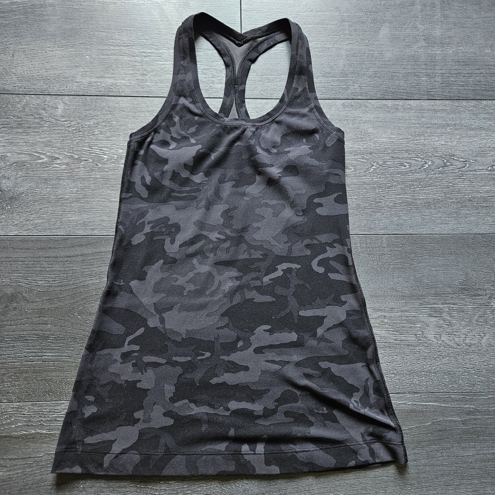 Lululemon Cool Racerback Tank Womens 4 Gray Camo Nulu Run Yoga Gym Stretch Light